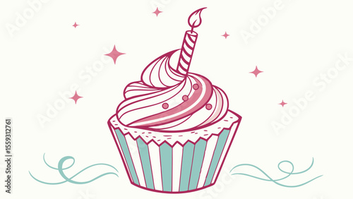 Stylized Birthday Cupcake with Candle and Stars Illustration.