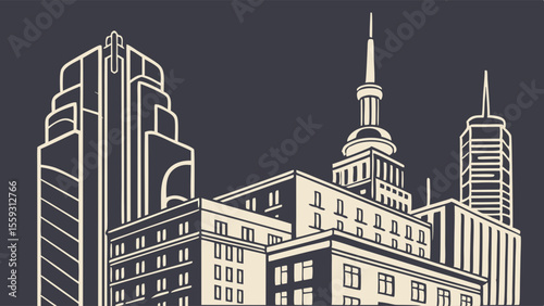Stylized Cityscape Illustration Art Deco and Modern Buildings.