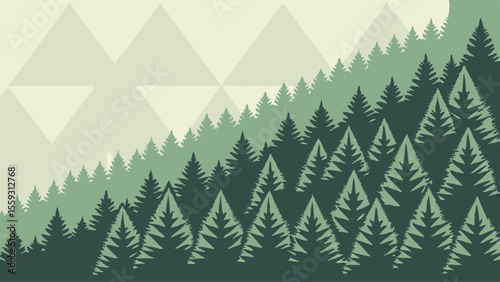Stylized Evergreen Forest Landscape with Geometric Mountains.