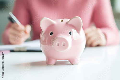 Saving Strategy: Piggy bank, planning, personal finance, money management. Financial future, budget, savings, invest, wealth, and achieve goals