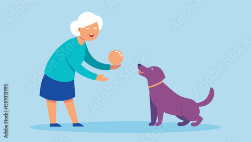 An older woman with early signs of dementia happily engaging in a game of fetch with her beloved Labrador her memory being stimulated and cognitive decline possibly slowed.. Vector illustration