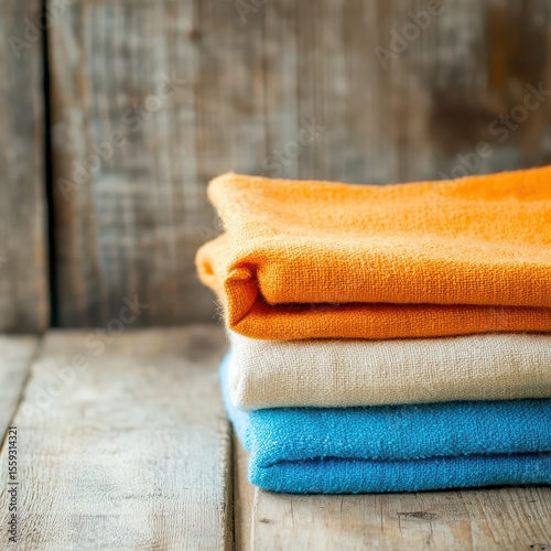 Colorful stacked towels on rustic wooden surface