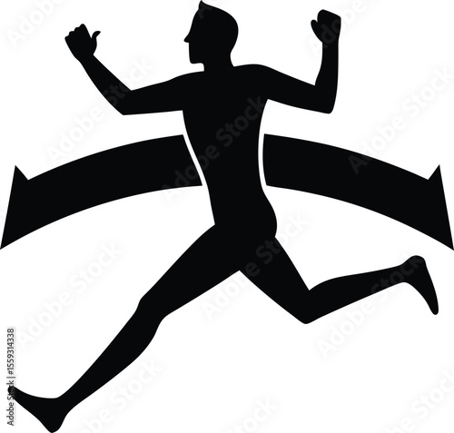 Silhouette of a person running with directional arrows indicating movement and progress towards a goal. Running Person Silhouette, Dynamic Figure with Arrows Symbolizing Movement and Goal Progress.