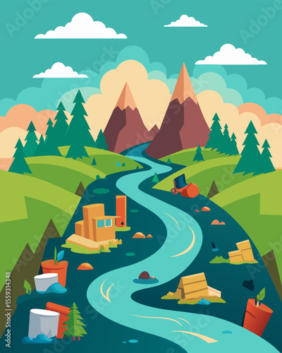 A landscape in constant flux as garbage continues to be added and spread transforming the once familiar terrain into an everchanging labyrinth of waste.. Vector illustration