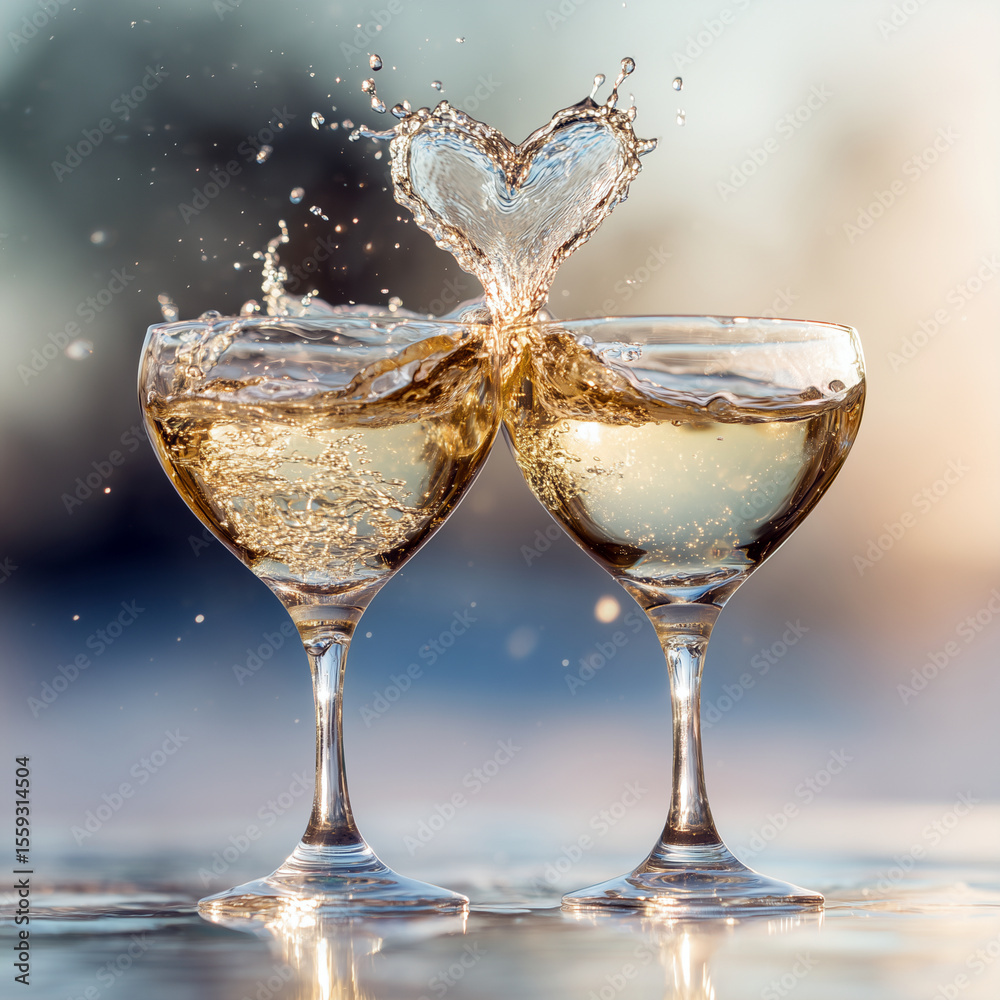Obraz premium Two glasses of champagne toasting and liquid splashing around in a form of a heart as a symbol of love and romance with selective focus and blurred background
