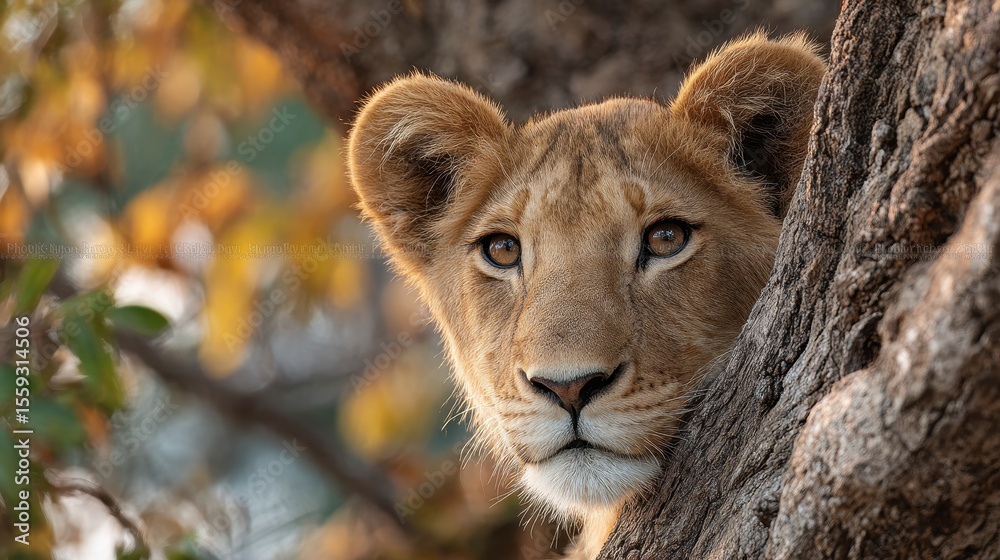 Fototapeta premium Lion cub peeks out from behind tree trunk during daytime in tanzania, east africa