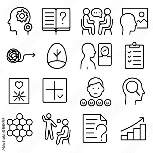 Therapy Techniques Icons. Line style icons of therapy techniques: CBT icon, journaling prompt, talk therapy, exposure therapy,