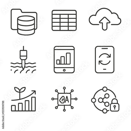 Agri-Data Management Icons. Line style icons of agri-data management: database folder, spreadsheet icon, cloud backup, sensor data