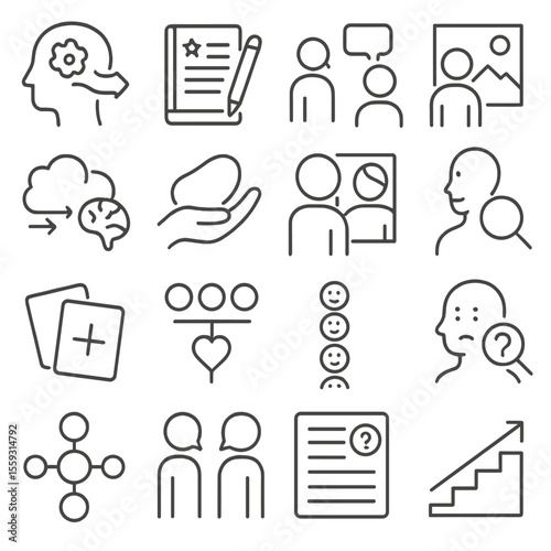 Therapy Techniques Icons. Line style icons of therapy techniques: CBT icon, journaling prompt, talk therapy, exposure therapy,