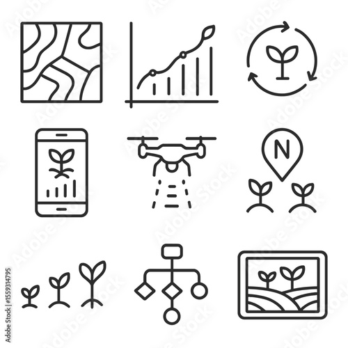 Precision Crop Management Icons. Line style icons of precision crop management: field zone map, yield prediction graph, crop