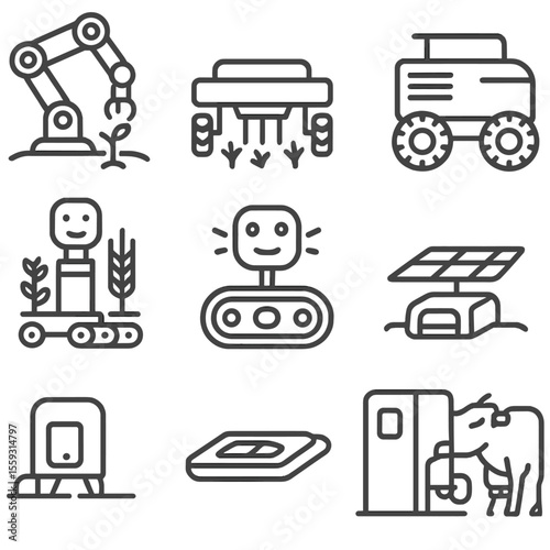 Agri-Robotics Line Icons. Line style icons of agri-robotics: robotic arm planting seed, weed removal robot, autonomous field rover