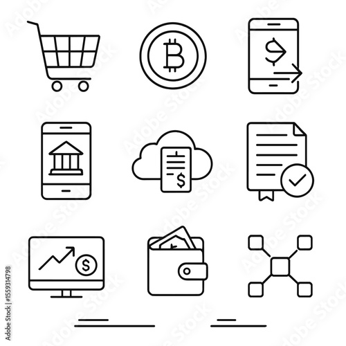 Digital Economy Icons. Line style icons of digital economy: e-commerce cart, cryptocurrency coin, fintech app, mobile banking icon