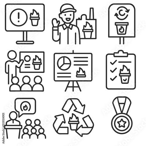 Waste Energy Awareness Icons. Line style icons of public awareness on waste energy: info board icon, energy-from-waste tour,