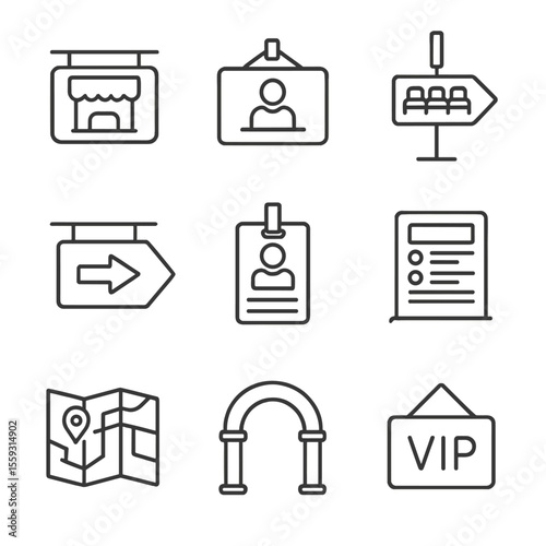 Event Signage Icons. Line style icons of event and venue signage: ticket booth sign, registration area, session room direction,