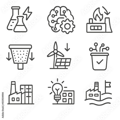 Innovation in Waste Energy. Line style icons of innovation in waste energy: energy R&D lab, AI optimization icon, heat capture