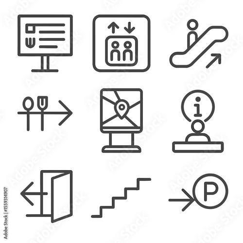 Shopping Mall Icons. Line style icons of shopping mall navigation: store directory board, elevator sign, escalator symbol, food