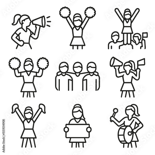 Cheerleading Icon Roles. Line style icons of cheerleading sideline roles: chant caller, spirit raiser, lead flyer, motion expert,
