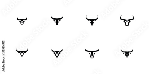 Set of bull head vector silhouette icons, horned animal logo symbols for ranch branding, sports mascots, meat industry, cowboy culture, modern design

