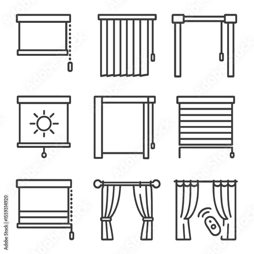 Curtain Blind Icons. Line style icons of curtain and blind systems: roller blind, vertical blinds, motorized curtains, solar