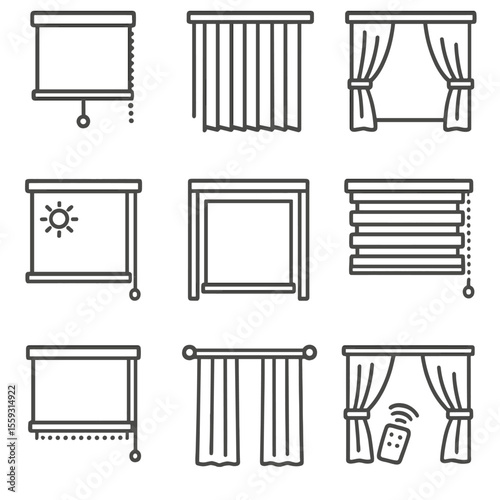 Curtain Blind Icons. Line style icons of curtain and blind systems: roller blind, vertical blinds, motorized curtains, solar