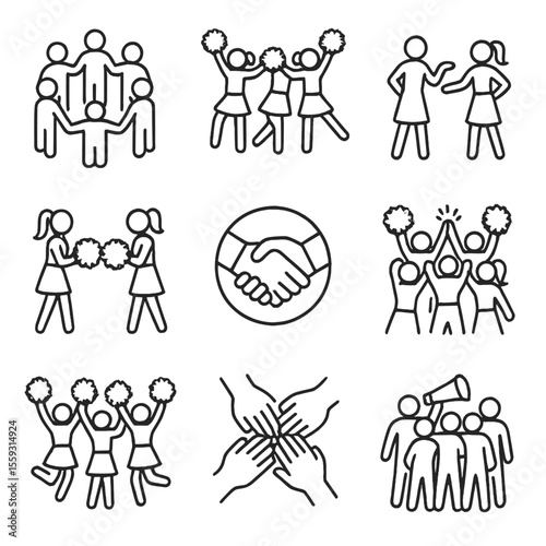 Cheerleading Team Dynamics Icons. Line style icons of cheerleading team dynamics: team circle, synchronized move, peer coaching,