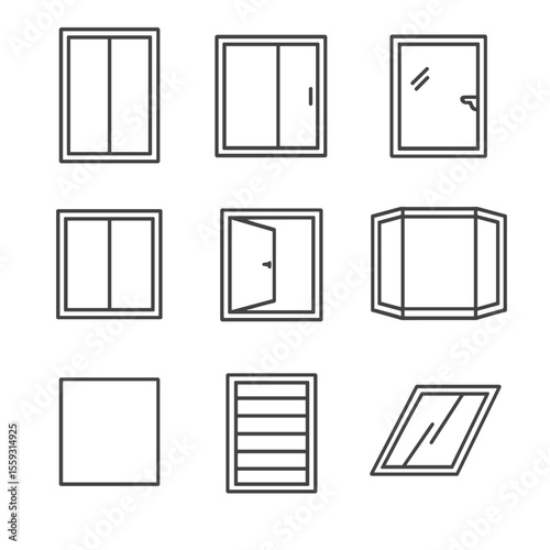 Modern Window Icons. Line style icons of modern window types: floor-to-ceiling window, sliding glass panel, tilt-and-turn window,