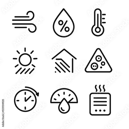 Drying Environment Icons. Line style icons of drying environment control: airflow symbol, humidity percentage, temperature dial,