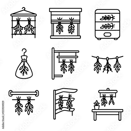 Herb Drying Solutions. Line style icons of drying herbs in small spaces: compact hanging rack, window shade drying, mini