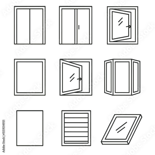Modern Window Icons. Line style icons of modern window types: floor-to-ceiling window, sliding glass panel, tilt-and-turn window,