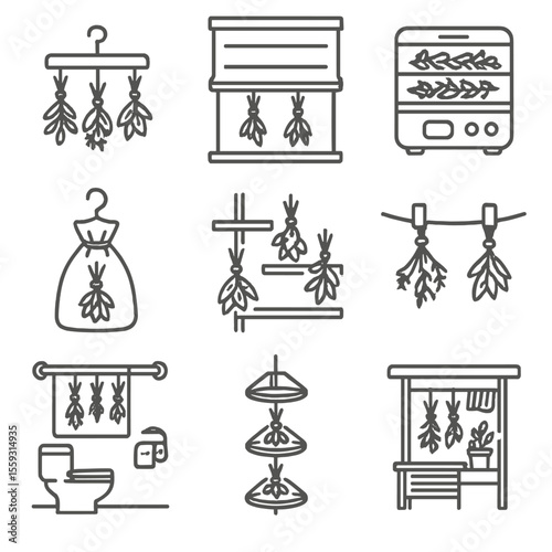 Herb Drying Solutions. Line style icons of drying herbs in small spaces: compact hanging rack, window shade drying, mini