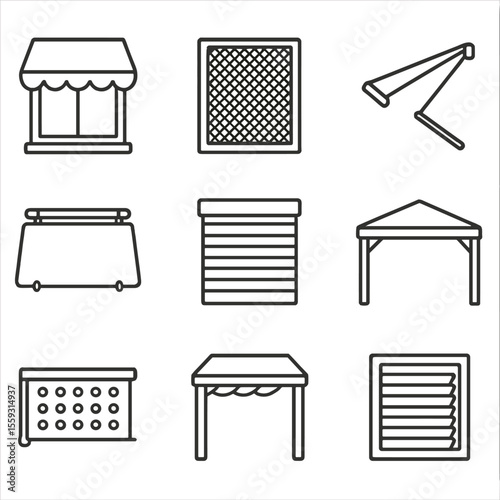 Shading Accessories Icons. Line style icons of shading accessories: awning over window, solar mesh panel, external shutter,