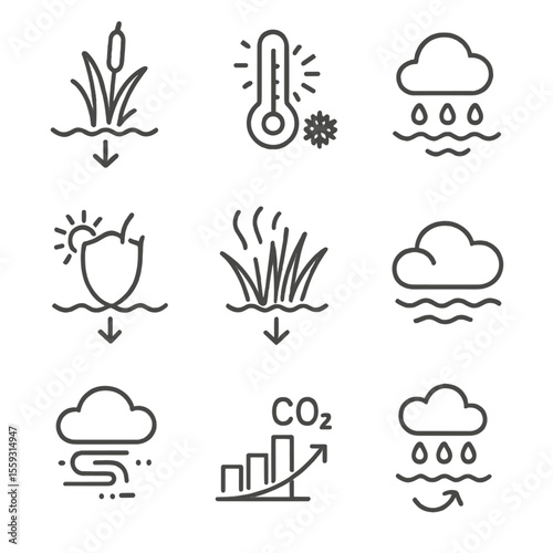 Wetland Climate Icons. Line style icons of wetland climate function: carbon sink icon, temperature regulator, rainwater absorption