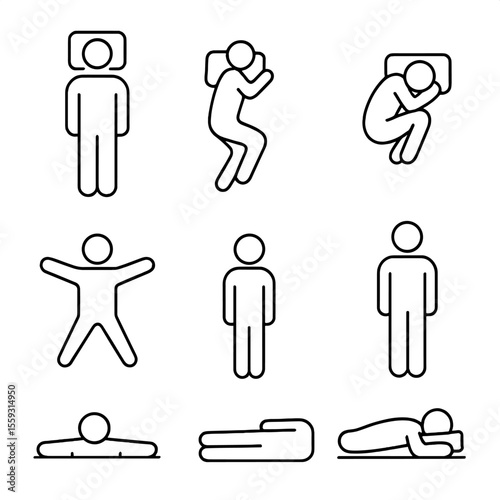 Sleep Positions Icons. Line style icons of common sleep positions: back sleeping, side sleeping, stomach sleeping, fetal position,