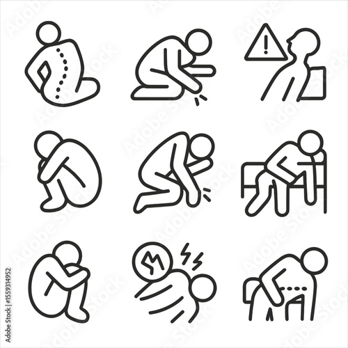 Uncomfortable Sleep Icons. Line style icons of uncomfortable sleep positions: twisted spine icon, arm under body, neck bend