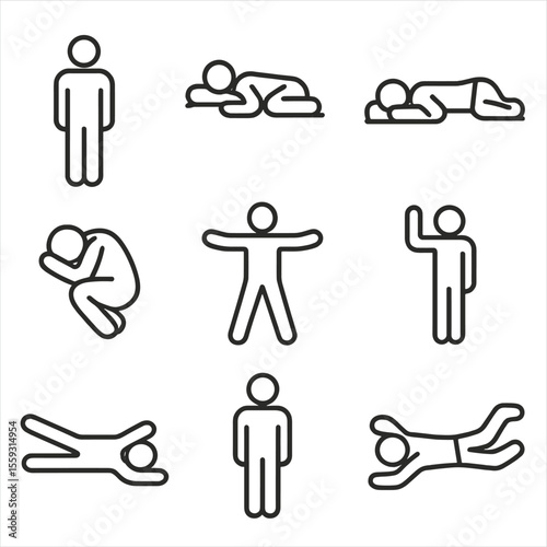 Sleep Positions Icons. Line style icons of common sleep positions: back sleeping, side sleeping, stomach sleeping, fetal position,