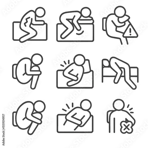 Uncomfortable Sleep Icons. Line style icons of uncomfortable sleep positions: twisted spine icon, arm under body, neck bend