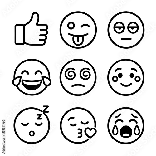 Emoji Emotion Icons. Line style icons of digital emoji-inspired emotions: thumbs up face, wink with tongue out, eye roll icon,