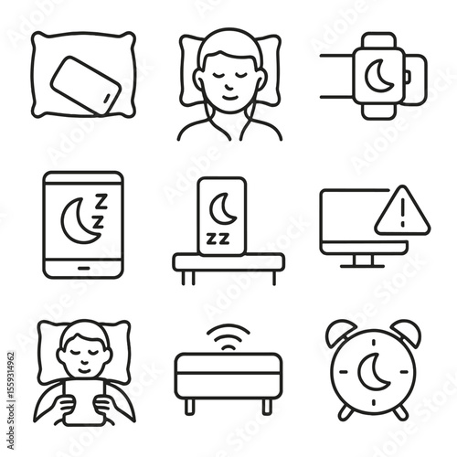Tech-Infused Sleep Icons. Line style icons of sleep positions with technology: phone under pillow, earphones while sleeping,
