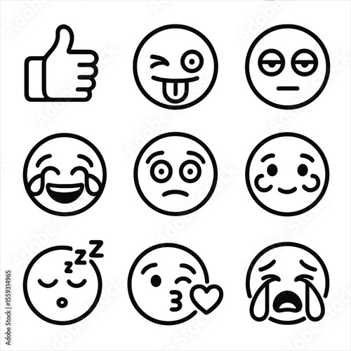 Emoji Emotion Icons. Line style icons of digital emoji-inspired emotions: thumbs up face, wink with tongue out, eye roll icon,