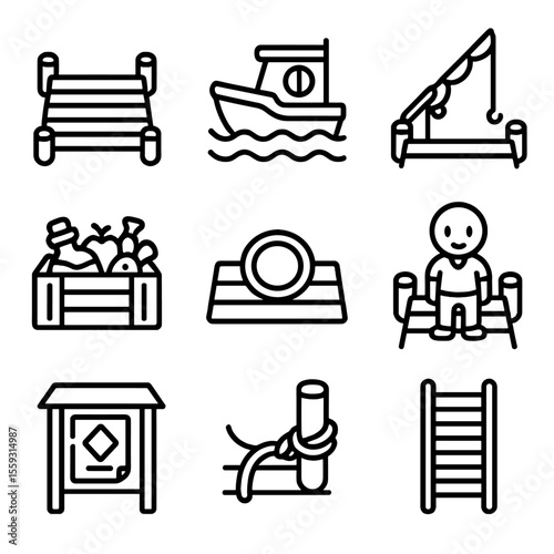 Dock Game Icons. Line style icons of dock-based game elements: wooden dock platform, moored game boat, fishing pole on dock, dock