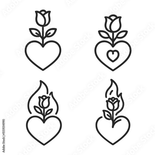 Heart, Rose, Flame Icons. Line style icons of heart growing with rose and flame: sprouting rose from heart, budding heart center,