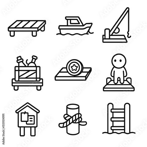 Dock Game Icons. Line style icons of dock-based game elements: wooden dock platform, moored game boat, fishing pole on dock, dock