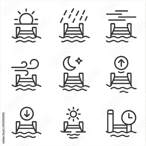 Dock Weather Icons. Line style icons of time and weather on dock: sunset over dock, rain splashing on planks, foggy morning, windy