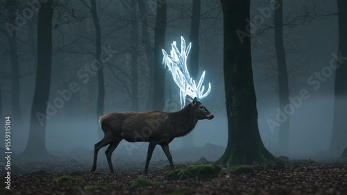 Majestic deer with glowing antlers in misty forest