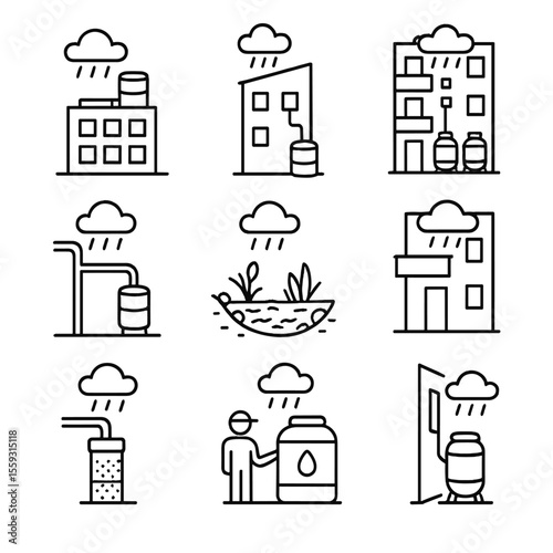 Urban Rain Harvesting Icons. Line style icons of urban rain harvesting setups: city rooftop tank, building façade with collection