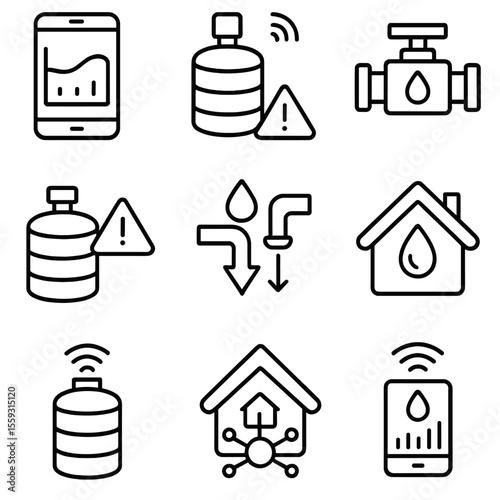 Smart Rainwater System Icons. Line style icons of smart rainwater systems: app with water level graph, sensor on tank, digital