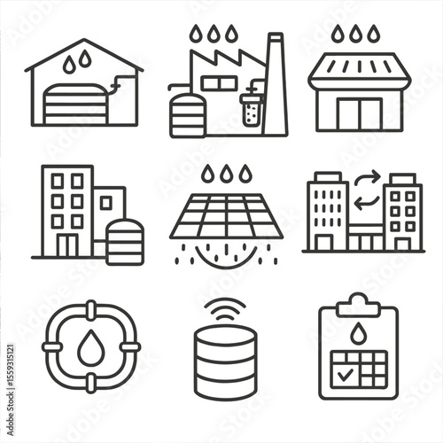 Rain Harvesting Icons. Line style icons of commercial rain harvesting systems: warehouse roof with tank, factory with filtration