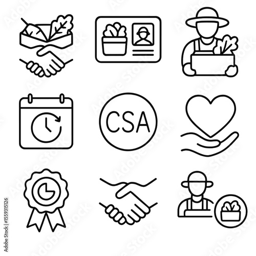 CSA Membership Icons. Line style icons of farm connection and membership: handshake over box, CSA membership card, farmer icon