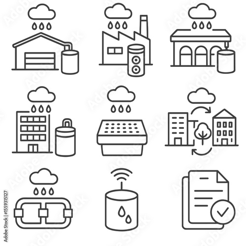 Rain Harvesting Icons. Line style icons of commercial rain harvesting systems: warehouse roof with tank, factory with filtration