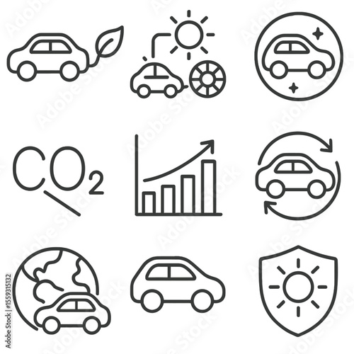 Solar Vehicle Icons. Line style icons of environmental benefits of solar vehicles: zero emissions car, green leaf from exhaust,
